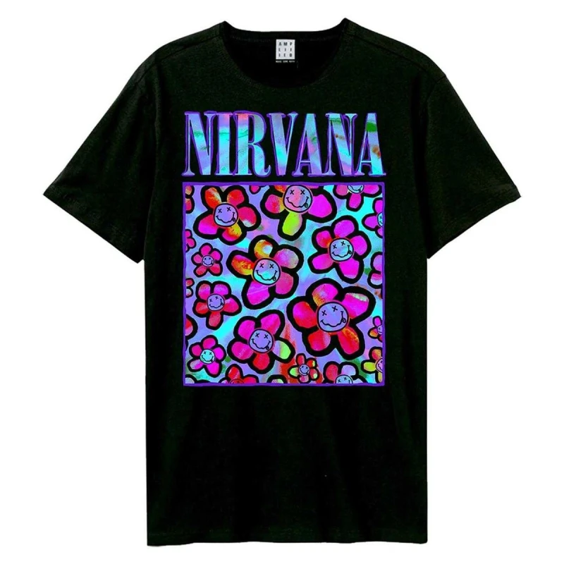 Image of Amplified Amplified Men Neon Flowers Nirvana T-Shirt in Black Size: X-Small Black XS Male 5063852065127