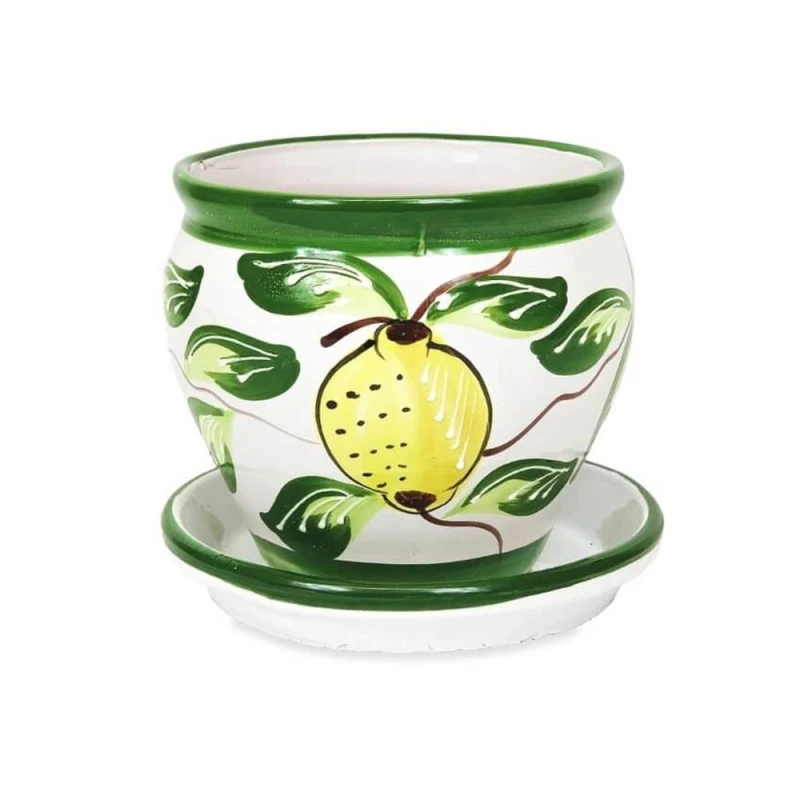 Image of Verano Spanish Ceramics Lemons Hand Painted Outdoor Garden Bola Plant Pot & Drainage Plate (D) 25cm Multi unisex