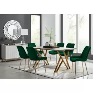 Image of Taranto Oak Effect Dining Table and 6 Green Pesaro Gold Leg Chairs - Green