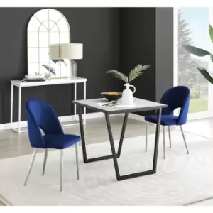 Image of Furniturebox UK - Furniturebox Carson White Marble Effect Square Dining Table & 2 Blue Arlon Silver Leg Velvet Chairs