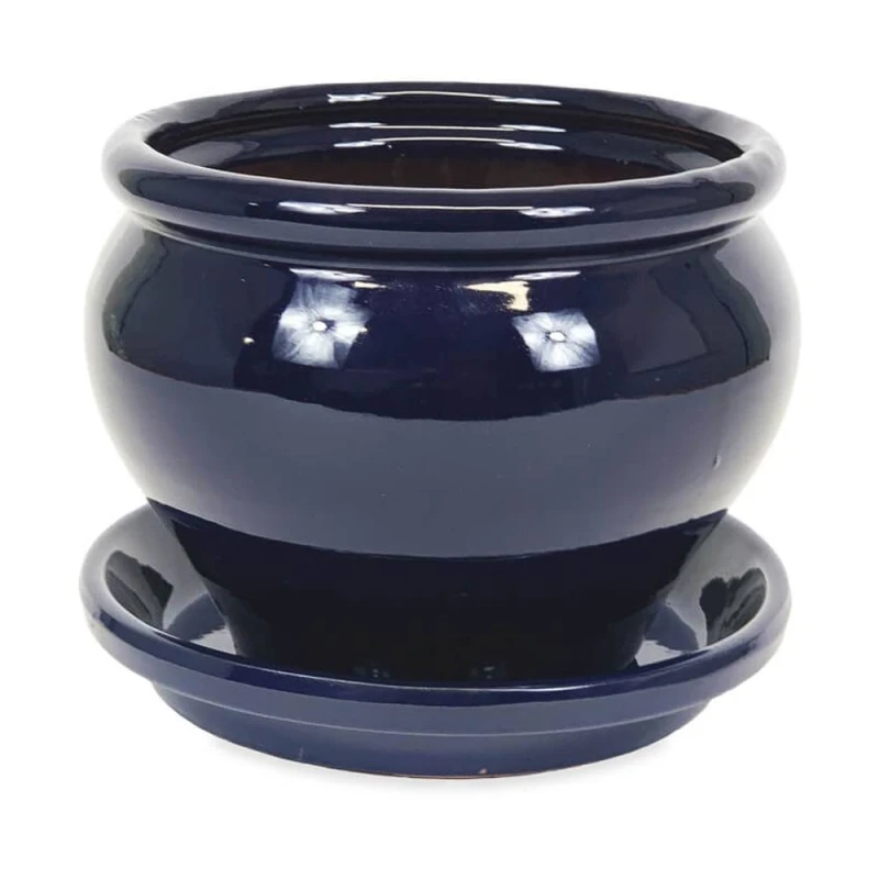 Image of Verano Spanish Ceramics Dipped Blue Hand Painted Outdoor Garden Bola Plant Pot & Drainage Plate (D) 25cm Blue Unisex