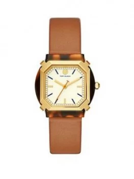 Image of Tory Burch Tory Burch Gold And Tortoise Shell Tank Dial Blush Leather Strap Ladies Watch