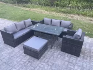 Image of Fimous 7 Seater Outdoor Dark Grey Rattan Lounge Complete Sofa Set with Rectangular Dining Table and Big Footstool