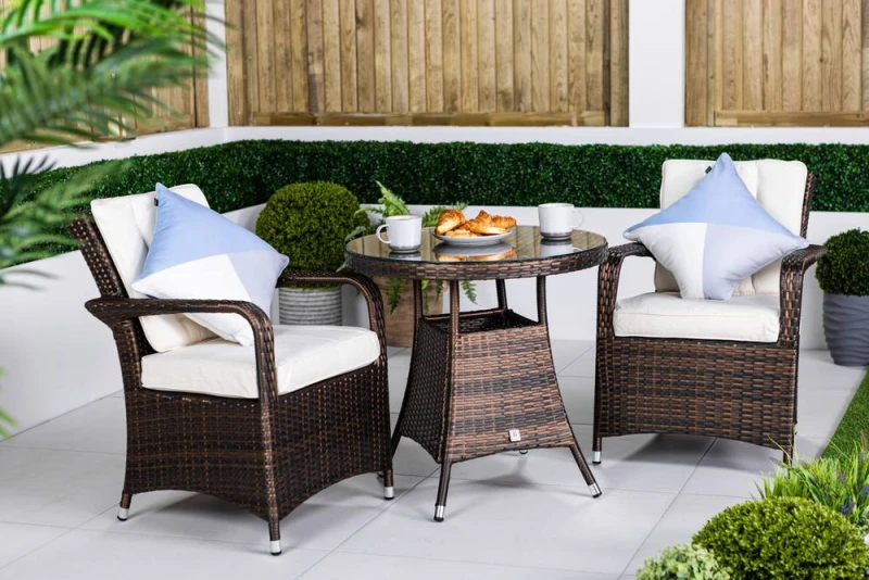 Image of Thats Furniture Arizona Round Rattan Garden Bistro Table & Chairs Set 2 Seater in Brown Brown Unisex