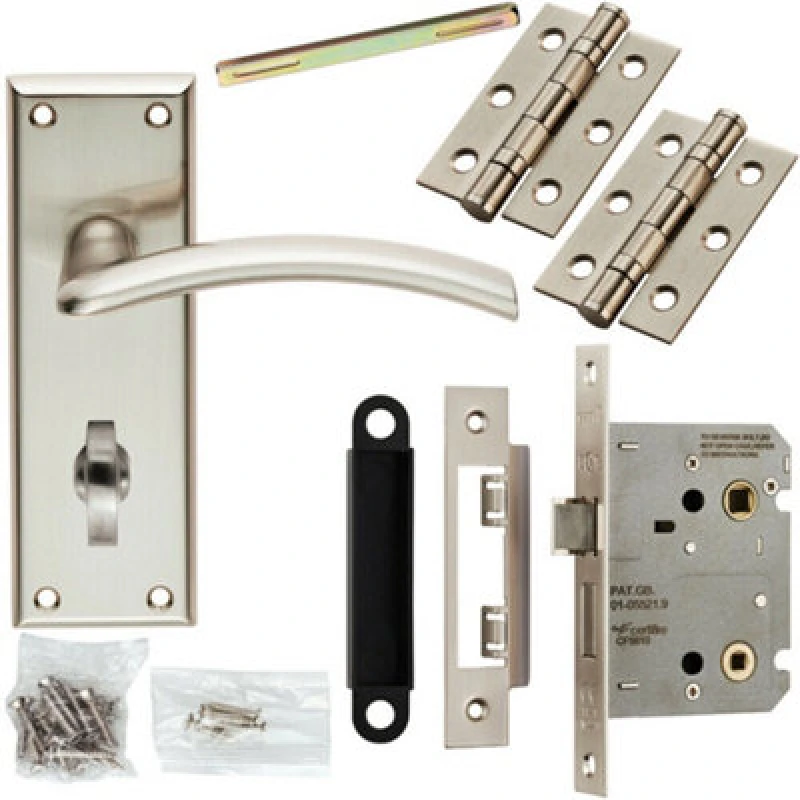 Image of Loops Door Handle & Bathroom Lock Pack Satin Nickel Curved Arched Lever Backplate Metallics