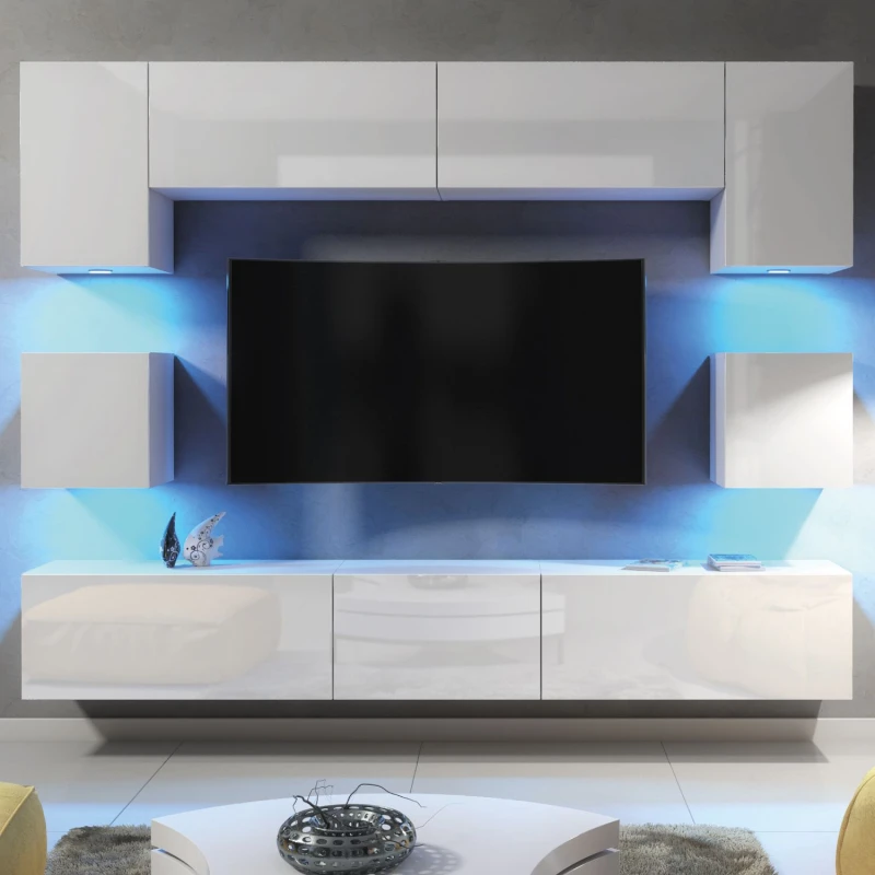 Image of Mex Furniture LTD TV Wall Unit with LED Lighting & Gloss Doors / 242cm in White White Unisex