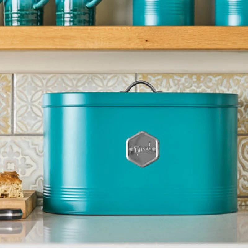 Image of Cooks Professional Bread Bin - Modern Kitchen Countertop Labelled Metal Storage Canister Breathable Container - Teal & Silver