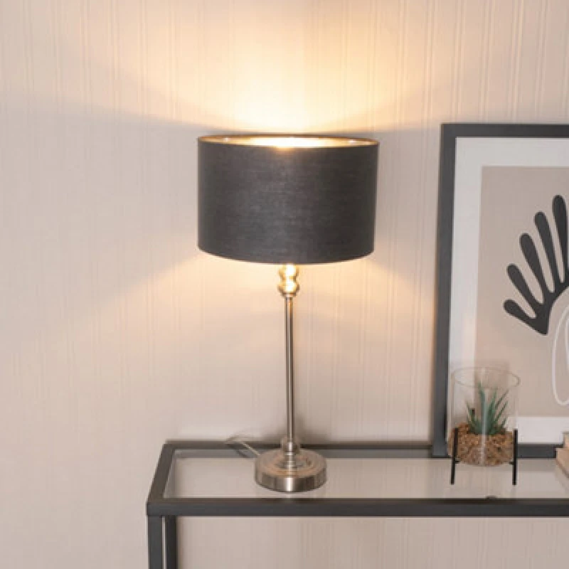 Image of ValueLights ValueLights Maggie Chrome Candlestick Table Lamp & Fabric Drum with Chrome Inner Lamp Shade in Charcoal Charcoal One Size Unisex 505940606