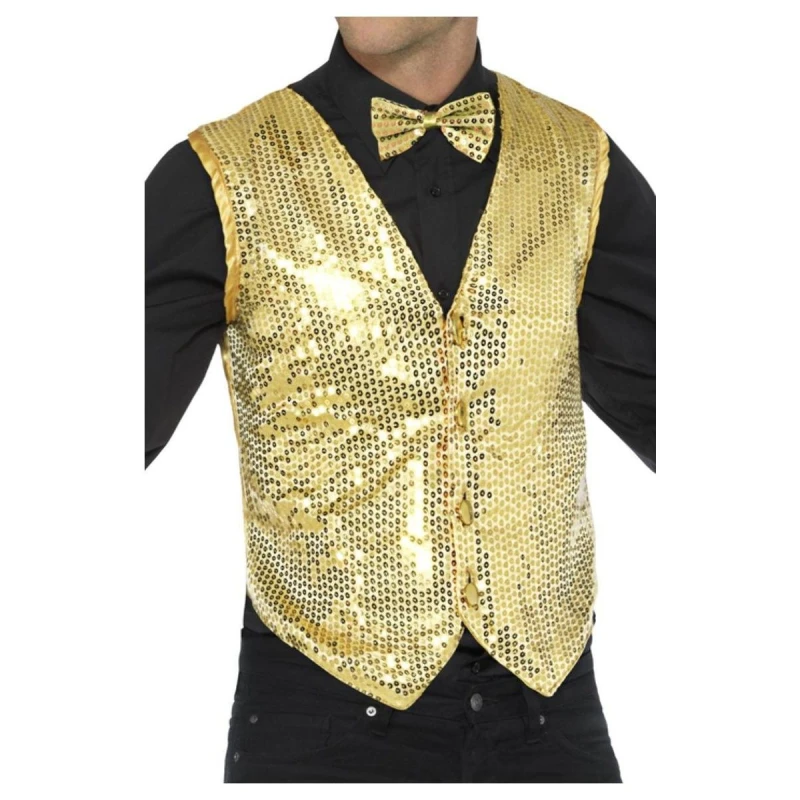 Image of Smiffys Mens Sequin Costume Vest in Gold Size: Small Gold Male S