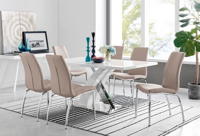 Image of FurnitureboxUK FurnitureboxUK Atlanta Modern Rectangle Chrome Metal High Gloss White Dining Table And 6 Isco Chairs Set in Beige Beige One Size Unisex