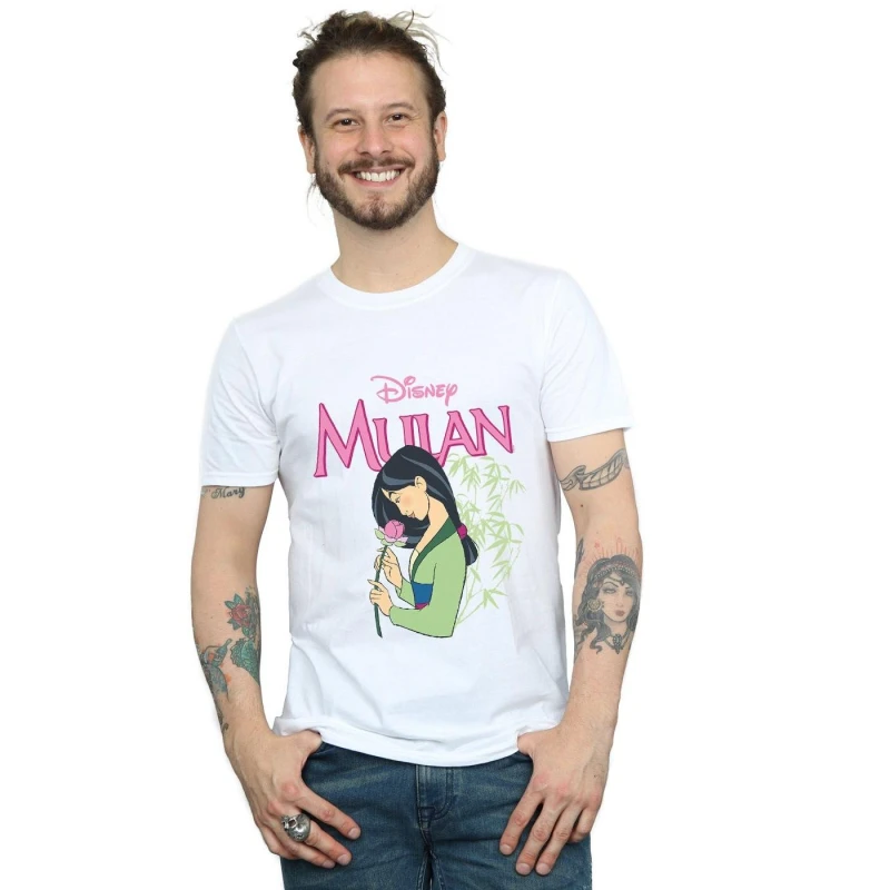 Image of Disney Men Mulan Pink Magnolia T-Shirt in White Size: Small White S Male 5059308822901