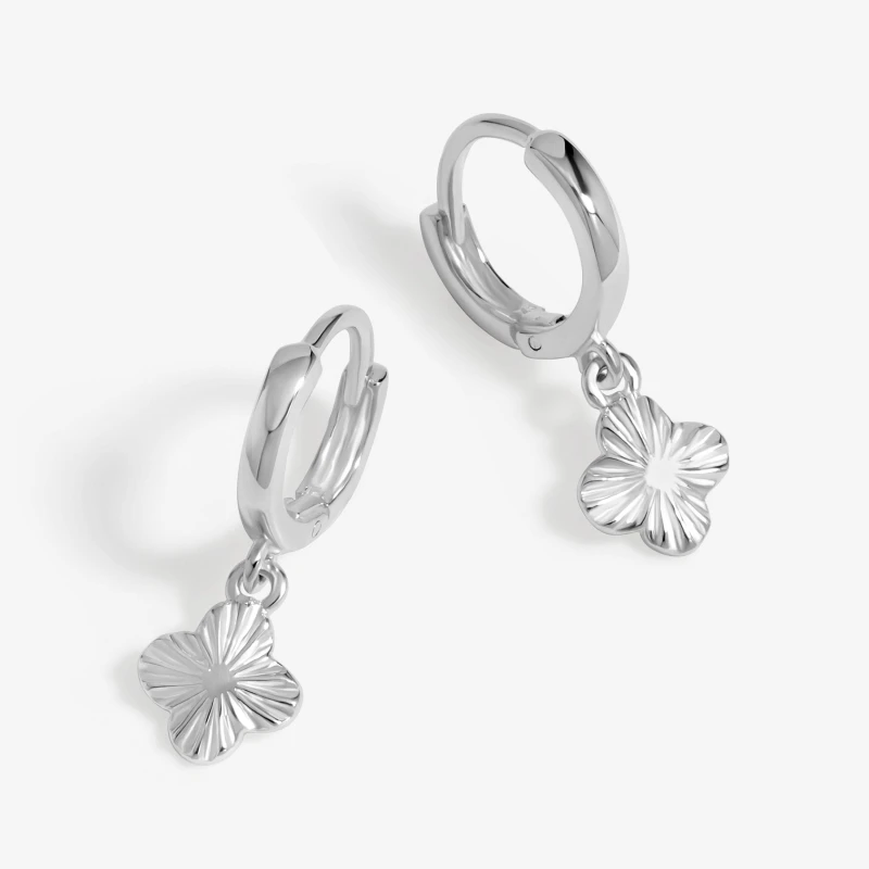 Image of Simply Silver Sterling Silver 925 Polished Diamond Cut Clover Charm Hoop Earrings Silver