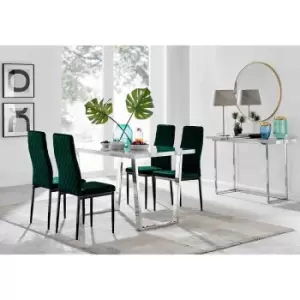 Image of Furniture Box Kylo White Marble Effect Dining Table and 4 Green Velvet Milan Black Leg Chairs