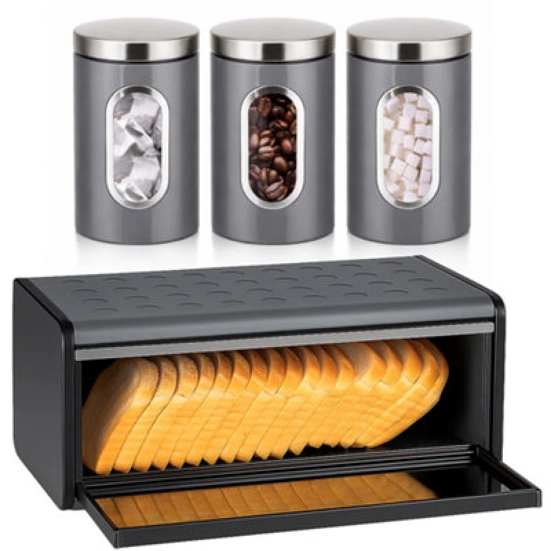 Image of Innoteck Essentials Grey Breadbin And 3Pc Canister Set With Viewing Window