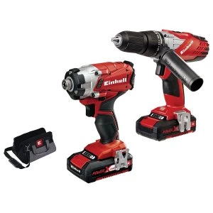 Image of Einhell Power-X-Change 18V Cordless Combi & Impact Driver Twin Pack 2 x 1.5AH Li-Ion Battery with Tool Bag
