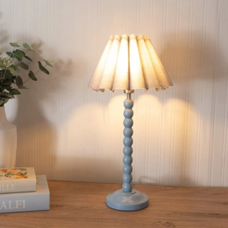 Image of ValueLights Bobbins Powder Blue Table Lamp with Scallop Tapered Lamp Shade Grey