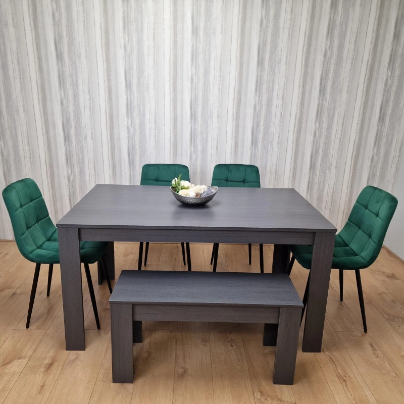 Image of KOSY KOALA Dining Table and 4 Chairs With Bench Black Dark Grey 4 Velvet Green Chairs Wooden Bench Wood Dining Set Furniture Arrow charcoal 140 + 4 gr