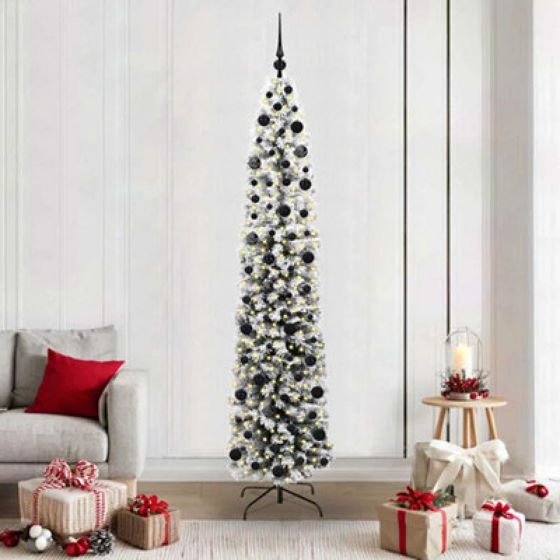 Image of vidaXL Artificial Christmas Tree with 300 LEDs, Black Balls with Stand Snow Flocked Green 210 cm, Green 3395032