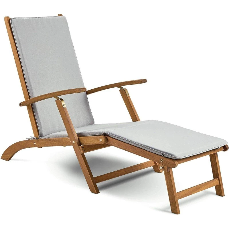 Image of VonHaus Wooden Folding Reclining Garden Sun Lounger and Removable Footstool Natural