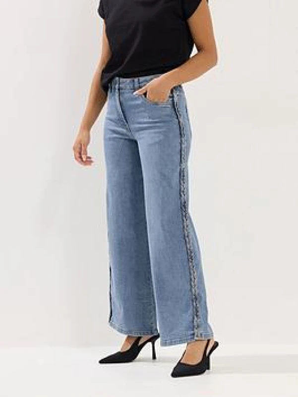 Image of PixieGirl Womens Petite Plait Detail Wide Leg Jeans in Mid Blue Size: 18S Mid Blue Female 18S