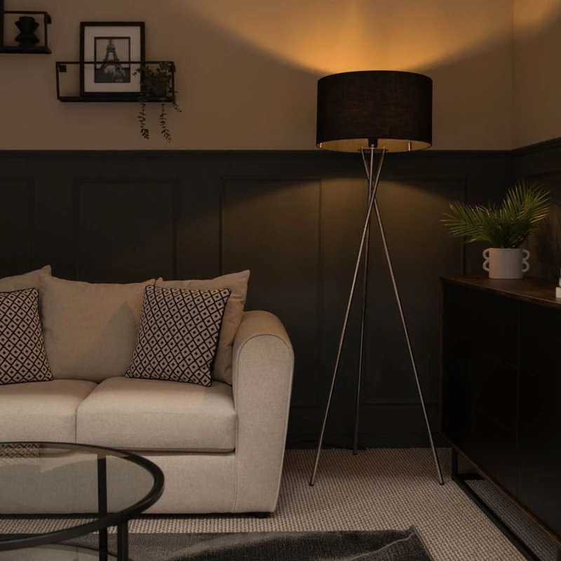 Image of ValueLights ValueLights Camden Polished Chrome Tripod Floor Lamp with Black Drum Shade & Bulb Black One Size Unisex 5059406018206