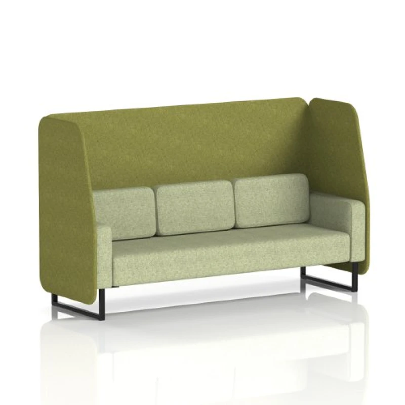 Image of Brixworth 3 Seater Open Office Booth with Black Legs in Rivet Fabric - Olive Panels and Burnish Sofa