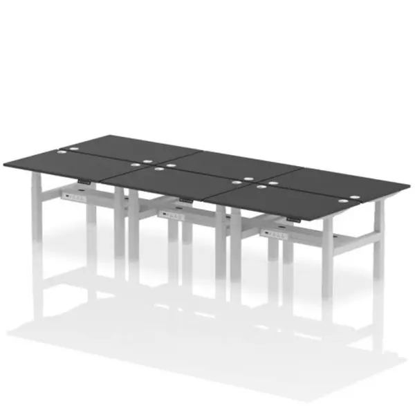 Image of Air Air Back-to-Back 1200 x 800mm Height Adjustable 6 Person Bench Desk Black Top with Cable Ports Silver Frame HASCP6P12800BLKS