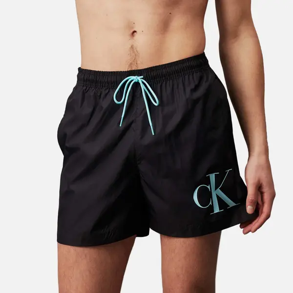Image of Calvin Klein Swimwear Mens Monogram Medium Swimming Shorts - Black - XXL Black Swimwear and Beachwear male KM0KM01003BEH XXL