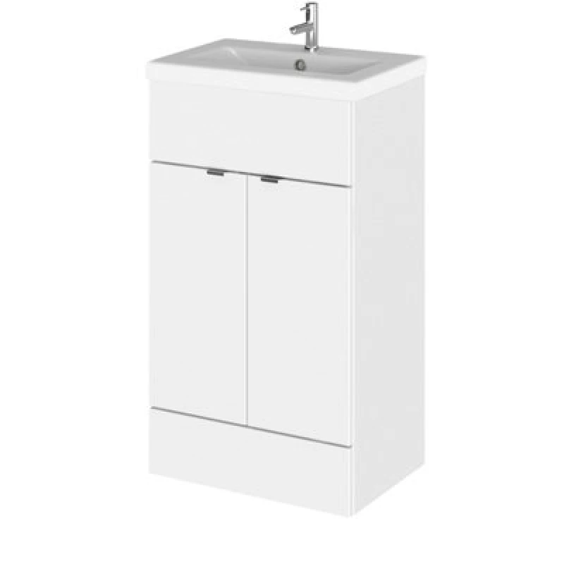 Image of Hudson Reed Fusion Floor Standing 2 Door Vanity Unit & Ceramic Basin, Stylish Vanity Unit With Basin, Gloss White, 500mm