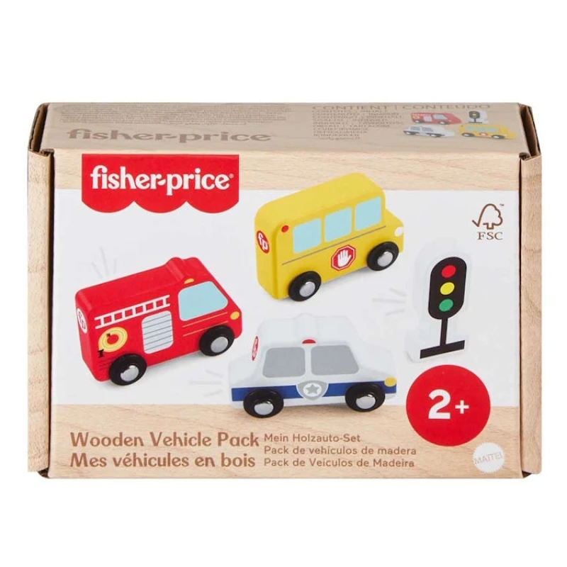 Image of Fisher-Price Toddler Toys Wooden Vehicle Pack 4 Piece Wood Set with Fire Truck School Bus & Police Car for Kids Ages 2+ Years JCY32