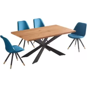 Image of 5 Pieces Life Interiors Sofia Duke Dining Set - an Oak Rectangular Dining Table and Set of 4 Blue Dining Chairs - Blue