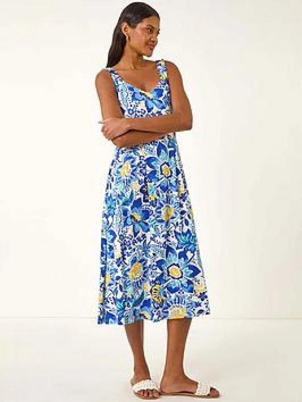 Image of Roman Womens Floral Print Strap Detail Midi Dress in Blue Size: 16 Blue Female 16