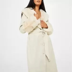 Image of Missguided Faux Leather Contrast Trim Trench Coat - Beige