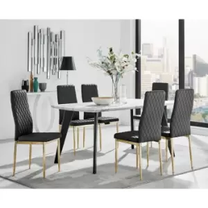 Image of Furniturebox UK - Andria Black Leg Marble Effect Dining Table and 6 Black Gold Leg Milan Chairs - Black