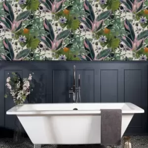 Image of Passion Flower White Wallpaper Green/Pink/White