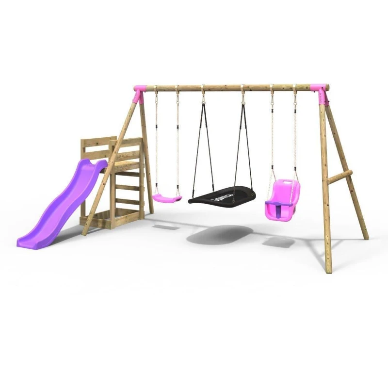 Image of Rebo Wooden Triple Swing Set with Baby Seat, Boat Swing and Slide - Halley Pink Pink
