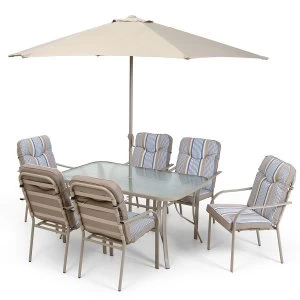 Image of Robert Dyas Provence 6-Seater Garden Dining Set with 6 Padded Chairs Glass Table and Parasol