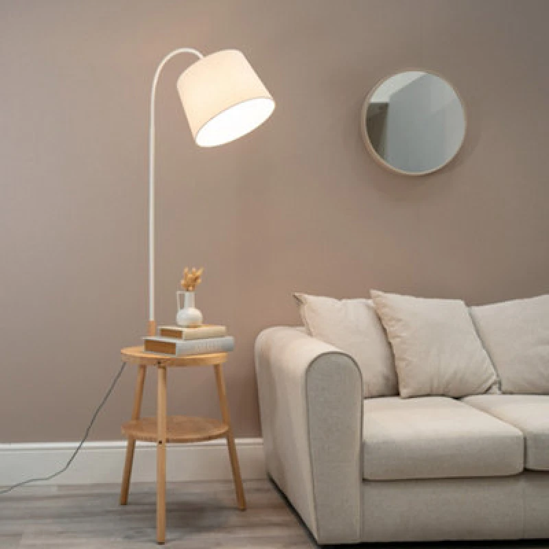 Image of ValueLights Crowther Wooden Side Table Shelved Tripod Floor Lamp with Fabric Shade Natural