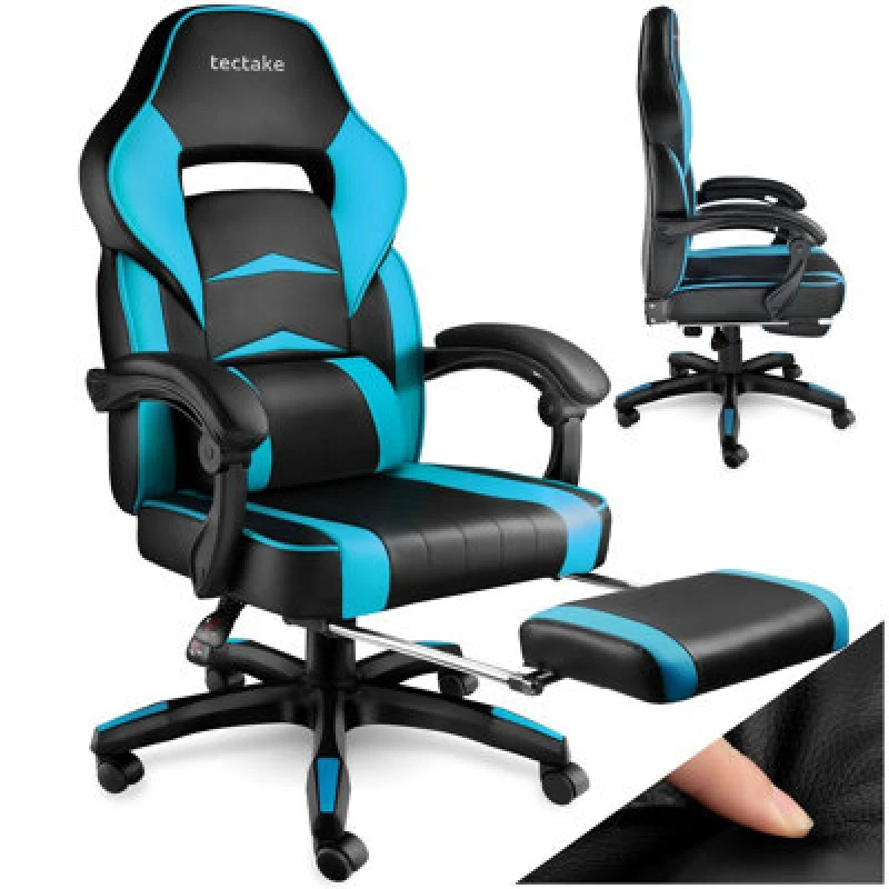 Image of Tectake Gaming Chair Comodo - Ergonomic Shape, Footrest, Adjustable Backrest - Black/azure
