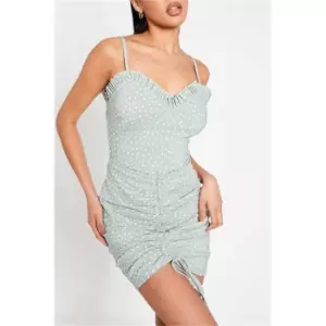 Image of I Saw It First Sage Polka Dot Bengaline Cami Strap Ruched Front Mini Dress - Green
