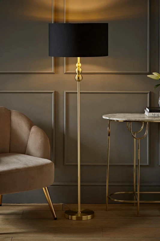 Image of ValueLights ValueLights Marissa Black and Metallic Gold Shade with Brushed Gold Stacked Ball Floor Lamp Black One Size Unisex 5059406046391