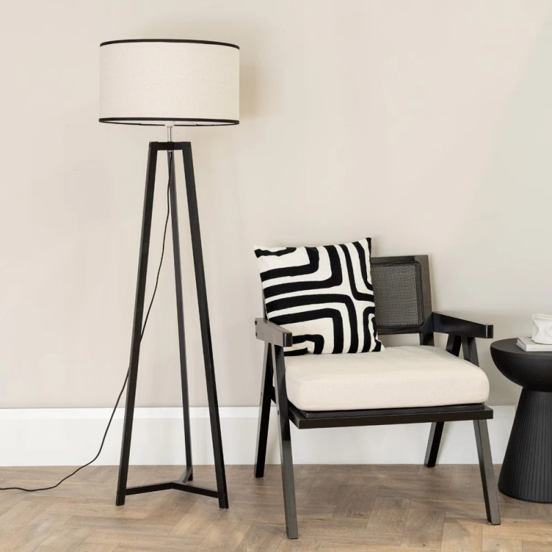 Image of ValueLights ValueLights Lottie Black Wood Tripod Floor Lamp with Linen Black Trim Drum Lamp Shade Black One Size Unisex 5059406056574