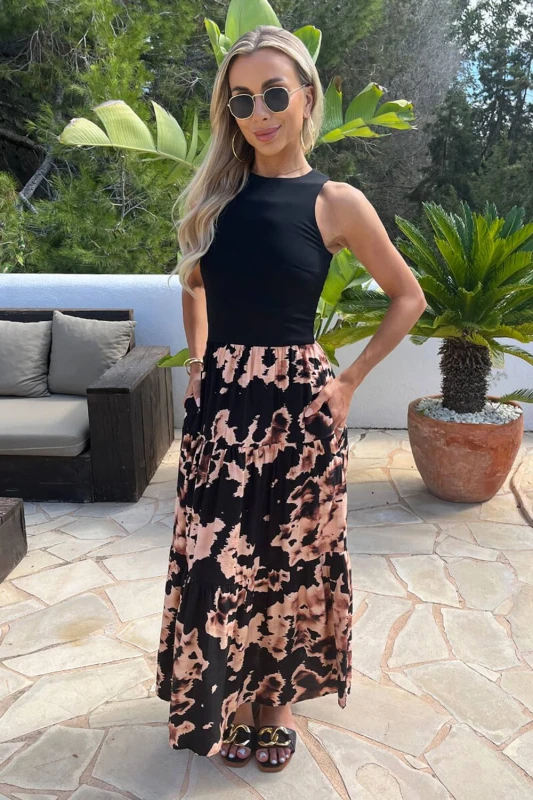 Image of AX Paris Womens Black Abstract Print 2 In 1 Smock Midi Dress Size: 12 Black Female 12