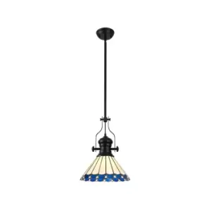 Image of Worcester, Ceiling Pendant E27 With 30cm Tiffany Shade, Matt Black, Blue, Cream, Crystal