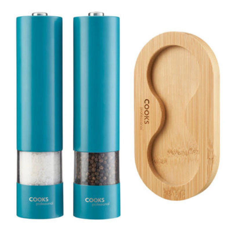 Image of Cooks Professional Electric Salt And Pepper Mill Set With Bamboo Stand - Automatic Seasoning Condiment Grinders - Teal