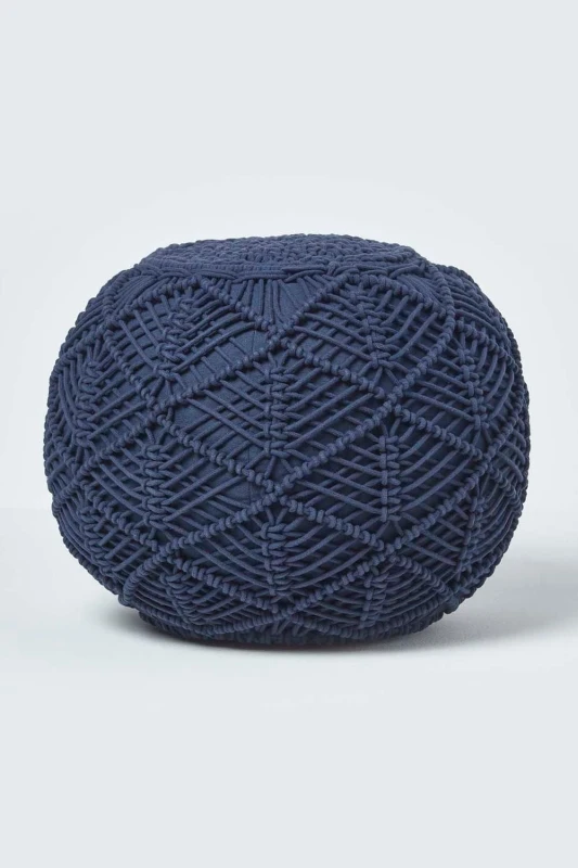 Image of Homescapes Macrame Knitted Pouffe 35 x 40cm in Navy Navy Unisex 35 x 40 cm