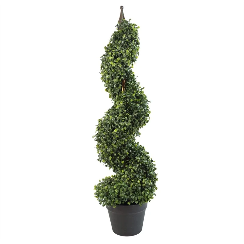 Image of Leaf Design 90cm (3ft) Tall Artificial Boxwood Tower Tree Topiary Spiral Metal Top