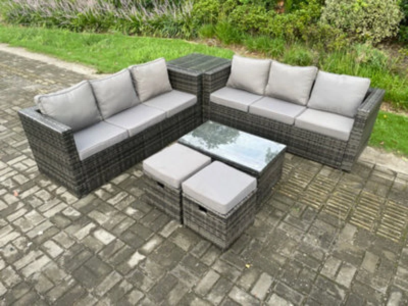 Image of Fimous Rattan Garden Furniture Set Outdoor Patio Sofa Set with Oblong Coffee Table Side Table 2 Small Footstools 8 Seater Dark Grey