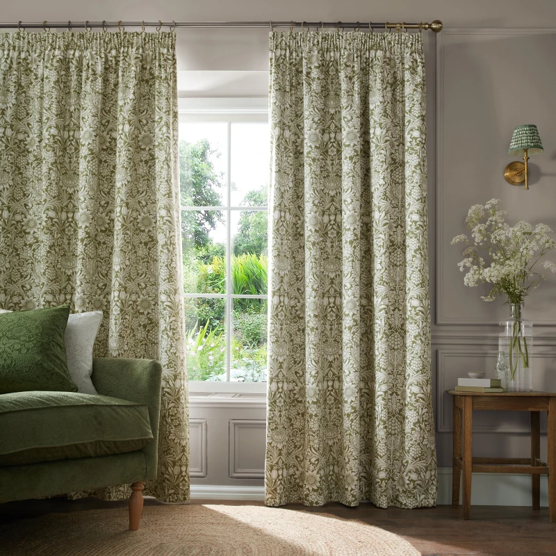 Image of William Morris At Home Sunflower Ready Made Blackout Curtains Dark Olive