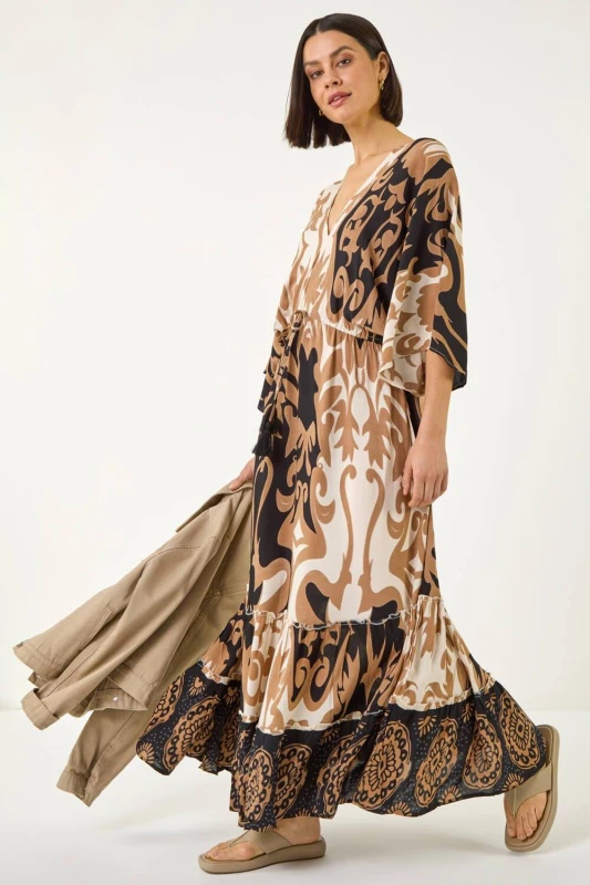 Image of Roman Womens Boho Border Print Maxi Dress in Tan Size: 14 Tan Female 14